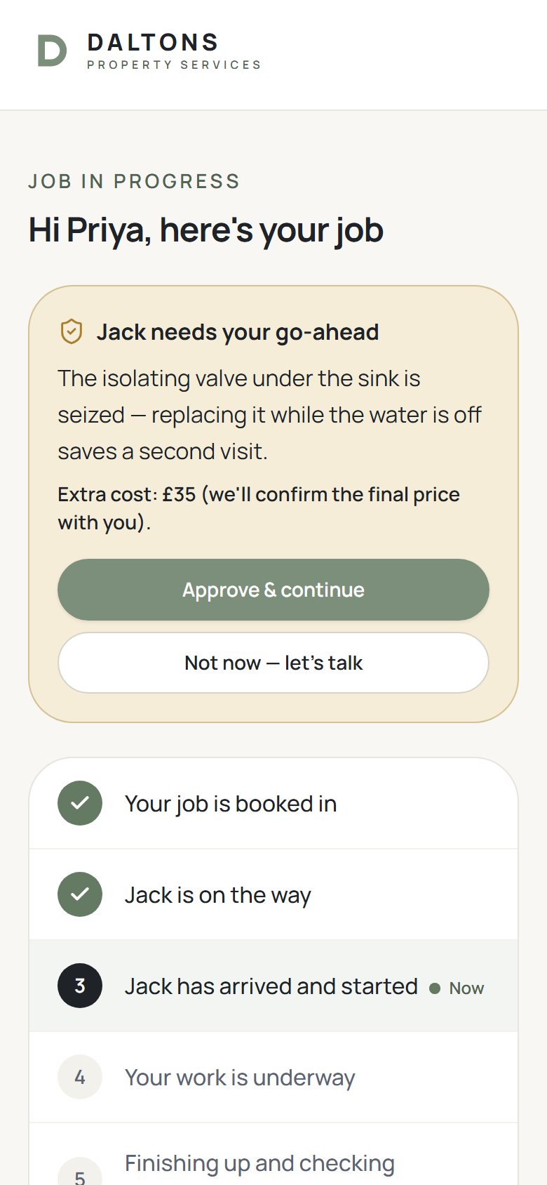 Customer job tracking on a mobile phone, shown with fictional customer data