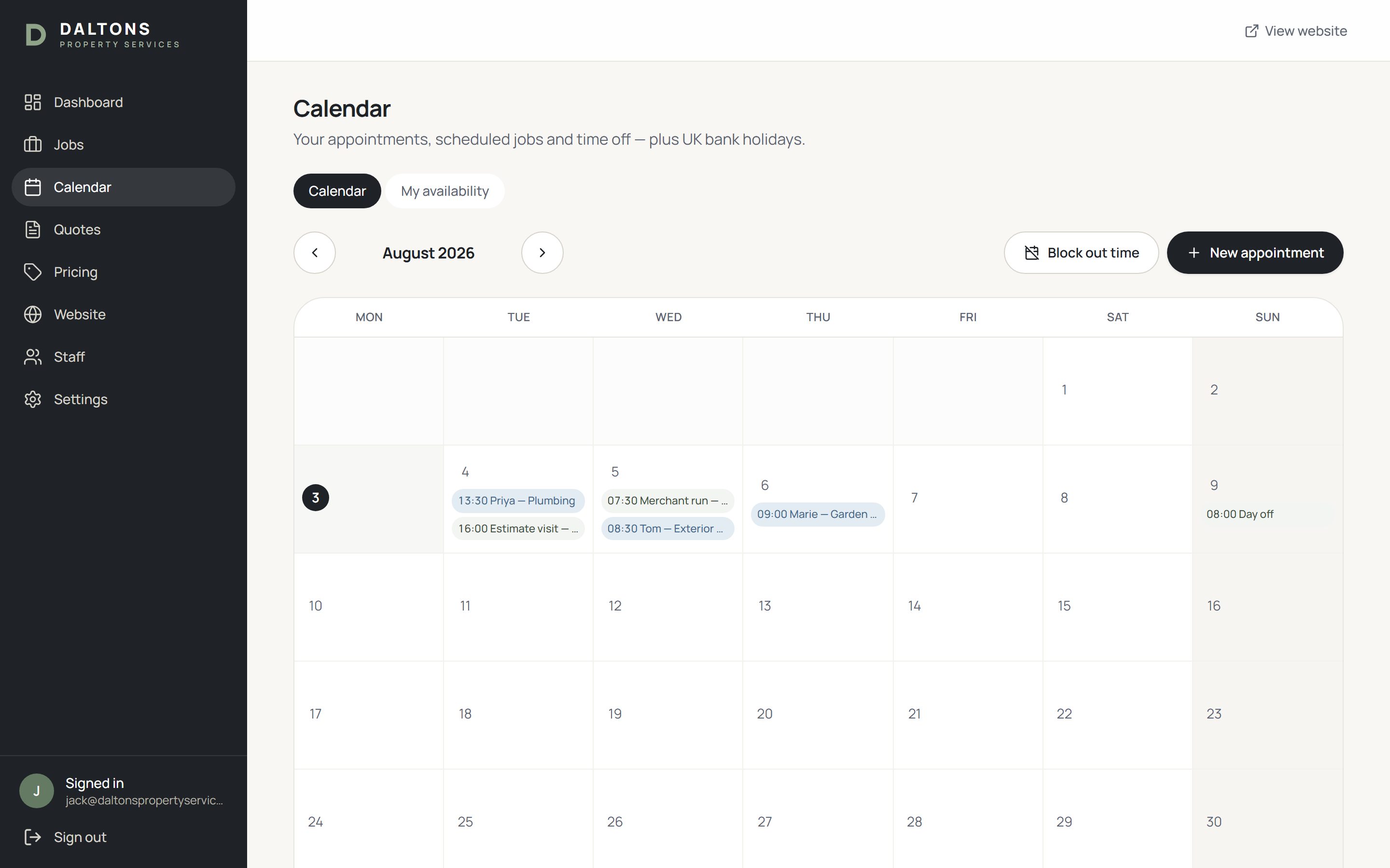Daltons staff portal calendar, shown with fictional appointments
