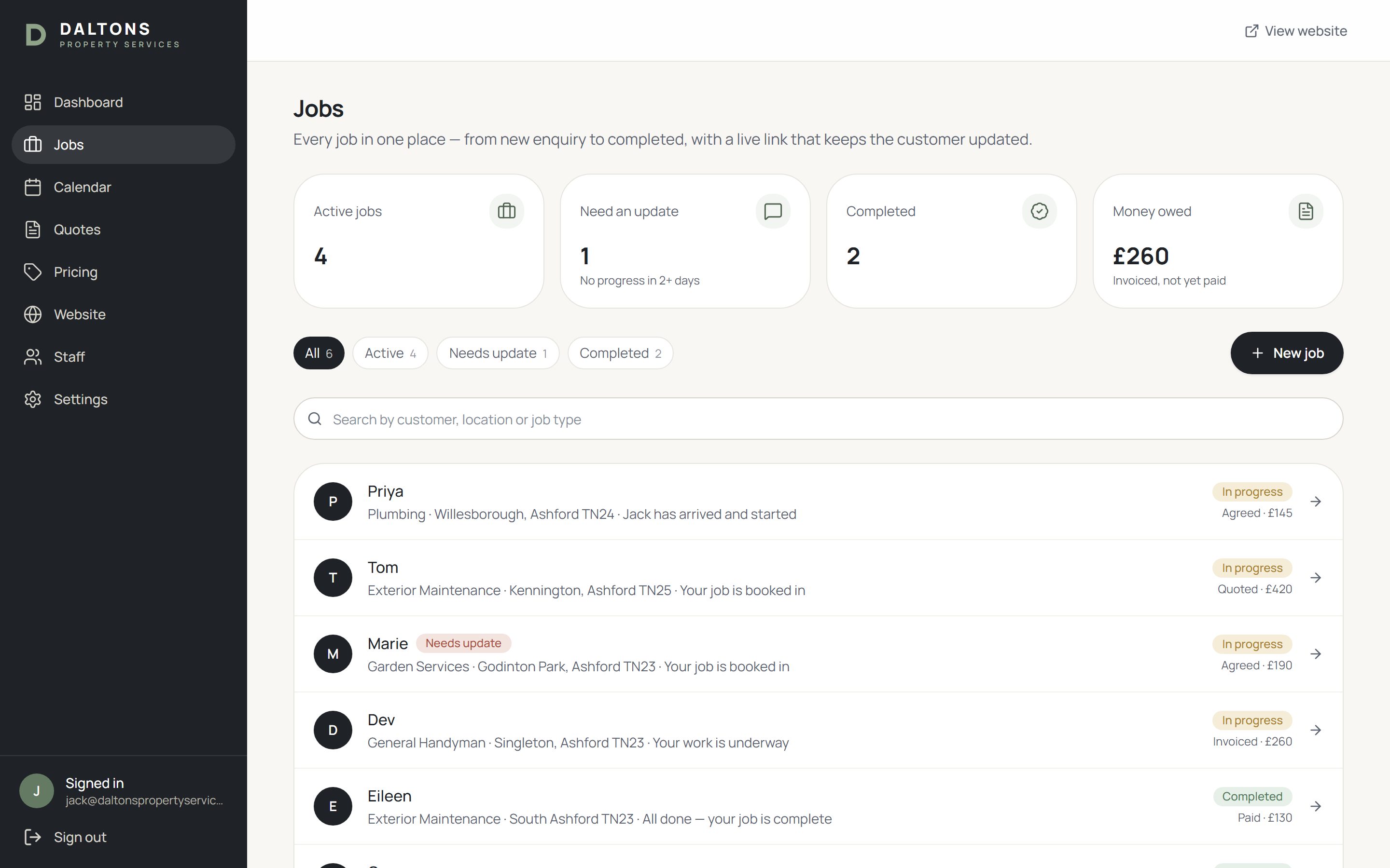 Daltons staff portal jobs list, shown with fictional customer data