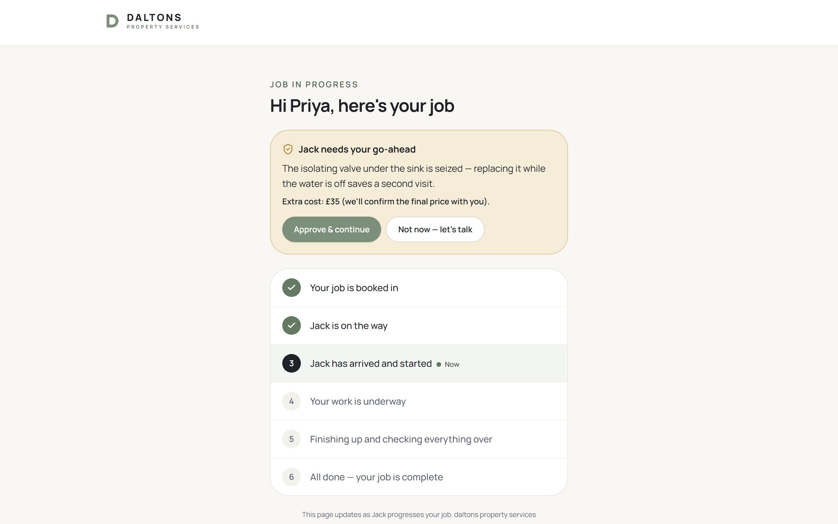 Customer job tracking page, shown with fictional customer data