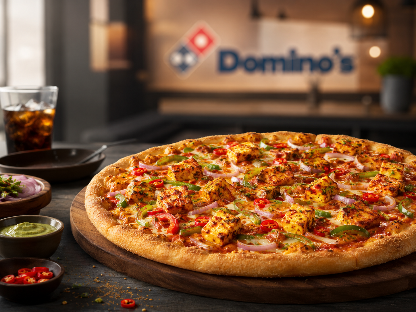 Domino’s Indian range pizza on a wooden board