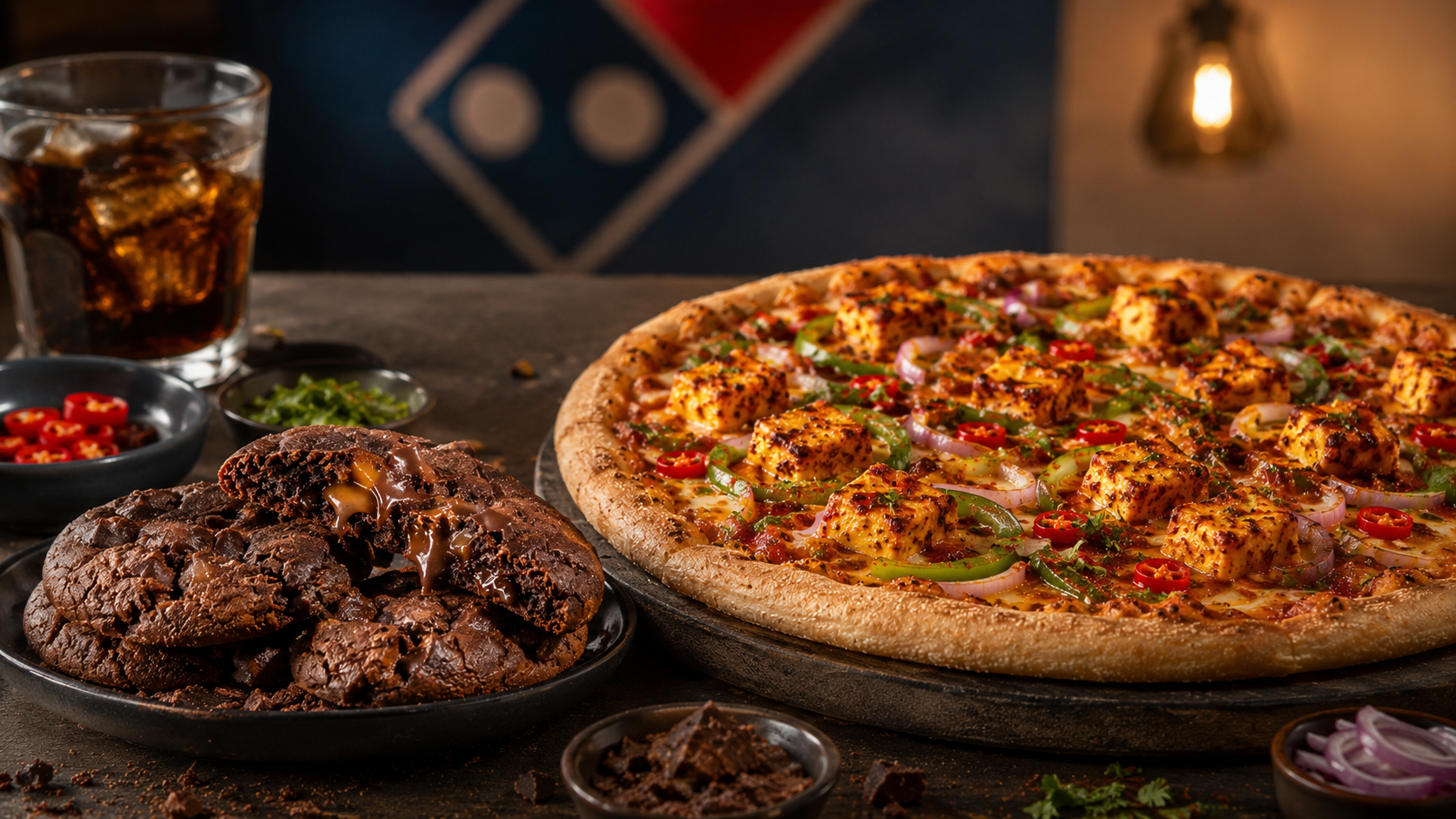 Domino’s Double Choc cookies beside the Indian range pizza