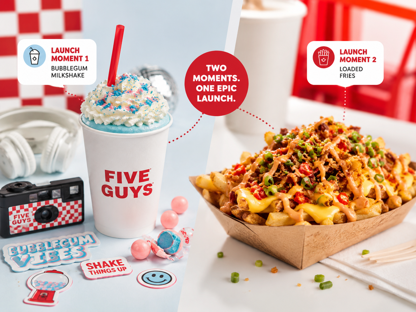 Split visual showing Bubblegum Shake event and Loaded Fries launch